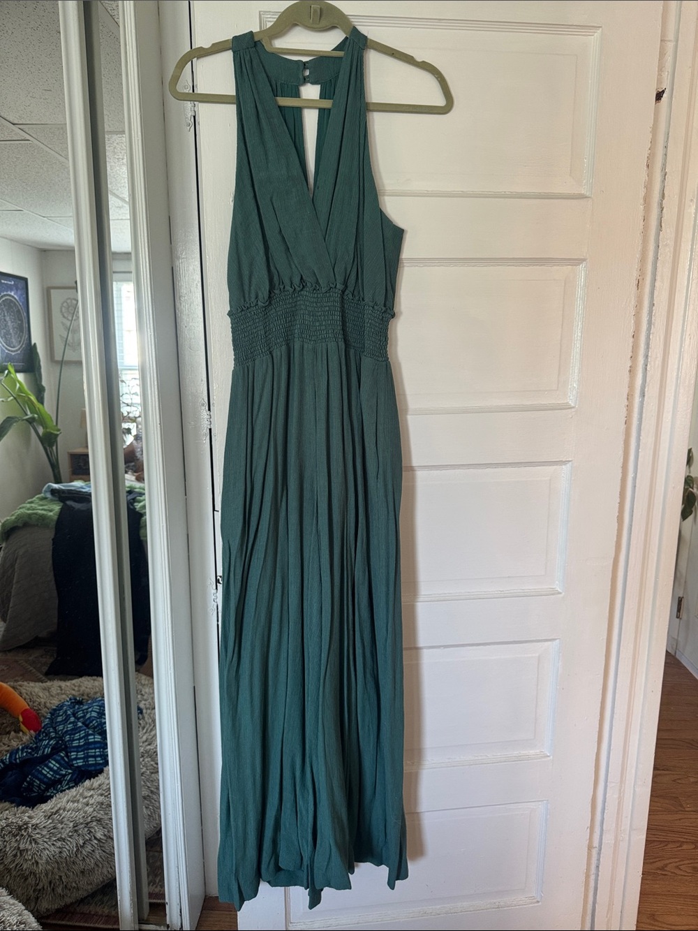 Anthropologie Teal Green Sleeveless V-Neck Smocked-Waist Jumpsuit